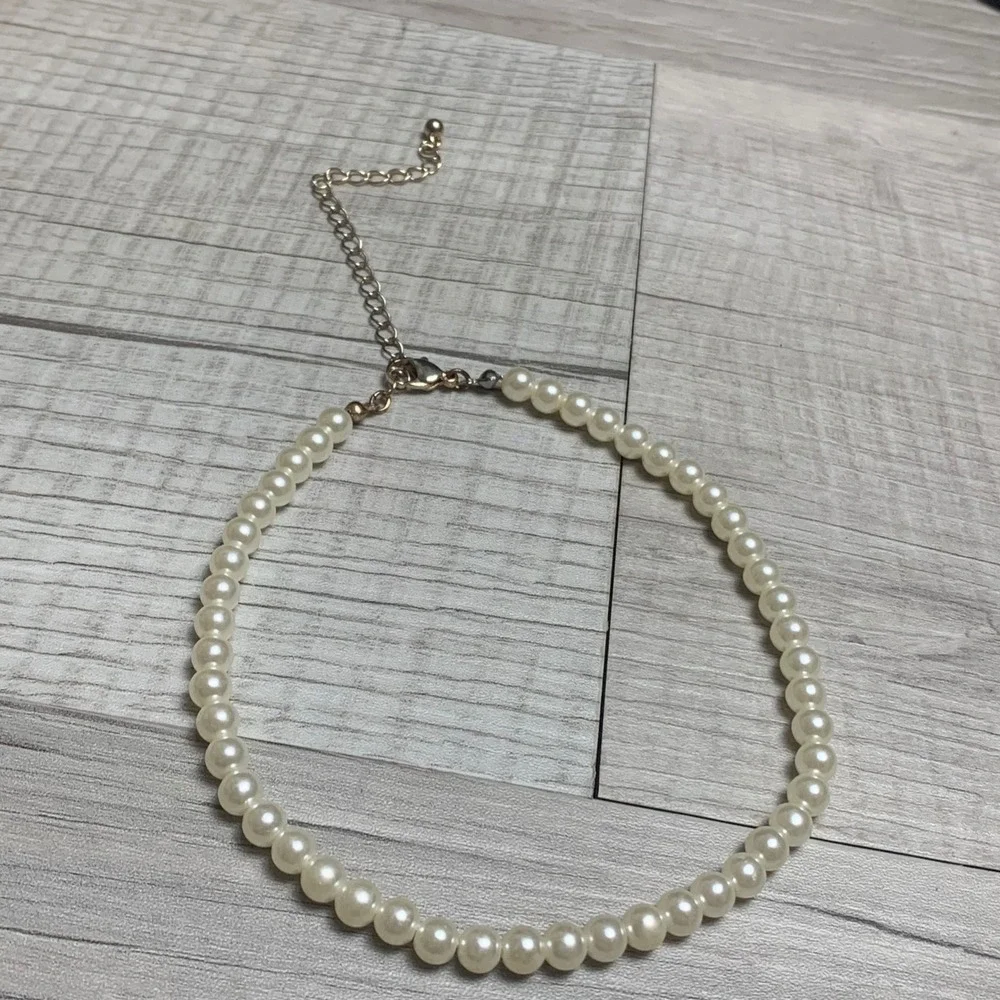 Faux Pearl Choker Necklace Gold Tone Adjustable Extender Cream 10 Inch 4029